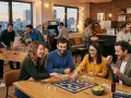 Des employés profitent d'un week-end entreprise animé avec jeux de société, baby-foot et bornes d'arcade. Ambiance conviviale et ludique.