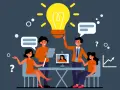Une équipe discute autour d'une ampoule lumineuse, symbole d'une idée brillante. L'esprit d'analyse est palpable dans leurs échanges, menant à une croissance positive.