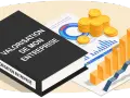 Livre "Valorisation de mon entreprise" avec graphiques, pièces d'or et barreaux montrant la croissance.