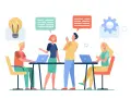 Des personnes échangent des idées lors d'une réunion de formation. Une ampoule symbolise l'inspiration, des bulles de dialogue et des engrenages représentent la collaboration et la résolution de problèmes.