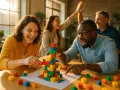 Des personnes s'amusent lors d'une animation de groupe jeux, construisant une tour colorée avec des blocs.