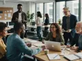 Une équipe diverse discute autour d'une table, illustrant la définition d'une plateforme collaborative : un espace de travail partagé pour une meilleure synergie.
