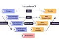 Schéma illustrant le cycle en V, de l'analyse à la recette, en passant par les spécifications, la réalisation et les tests.