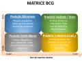 Matrice BCG : produits dilemmes, vedettes, poids morts et vaches à lait, classés selon leur part de marché et leur taux de croissance.