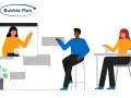 Des personnes interagissent dans un espace de travail numérique, avec des bulles de discussion et un appel vidéo.