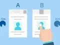 Test A/B pour developper un produit : 75% vs 85%. Une main interagit avec la version B.
