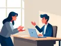 Une femme exprime son mécontentement, mains tendues, face à un homme en costume souriant derrière un bureau avec un ordinateur portable.