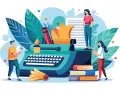 Des gens créatifs autour d'une machine à écrire, un exemple de note d'information sur l'écriture et la lecture.