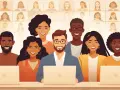 Une équipe diversifiée participe à une réunion virtuelle, illustrant le **team building digital**.