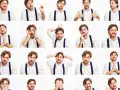 Un homme exprime une gamme d'émotions à travers son langage non verbal, passant de la joie à la surprise, en passant par la réflexion.