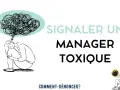Une personne accablée par des pensées chaotiques, symbolisant le stress causé par un mauvais manager. Le texte invite à signaler un manager toxique.