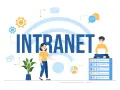 Illustration d'un intranet, avec des icônes de communication et des personnes interagissant avec la technologie pour une communication interne fluide.