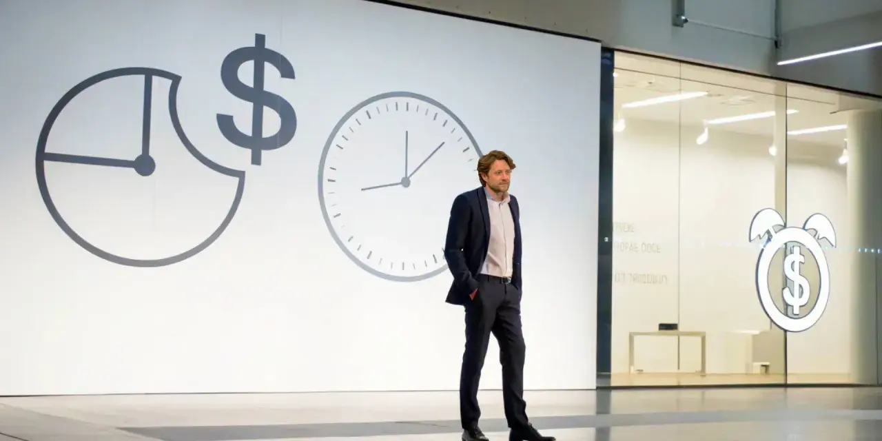 Un homme en costume présente une conférence pecha kucha. Des horloges et un symbole dollar sur l'écran suggèrent le thème du temps et de l'argent.