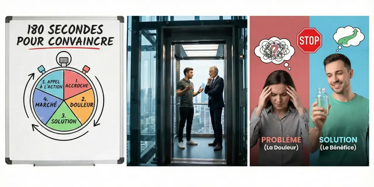 Un exemple de pitch de présentation personnelle : un schéma de chronomètre avec les étapes "Accroche", "Douleur", "Solution", "Marché", "Appel à l'action".