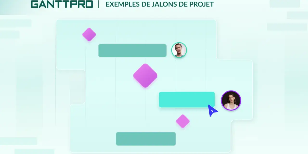 GanttPRO présente des exemples de jalons de projet avec des barres de tâches et des marqueurs de jalon, illustrant la progression et les étapes clés.