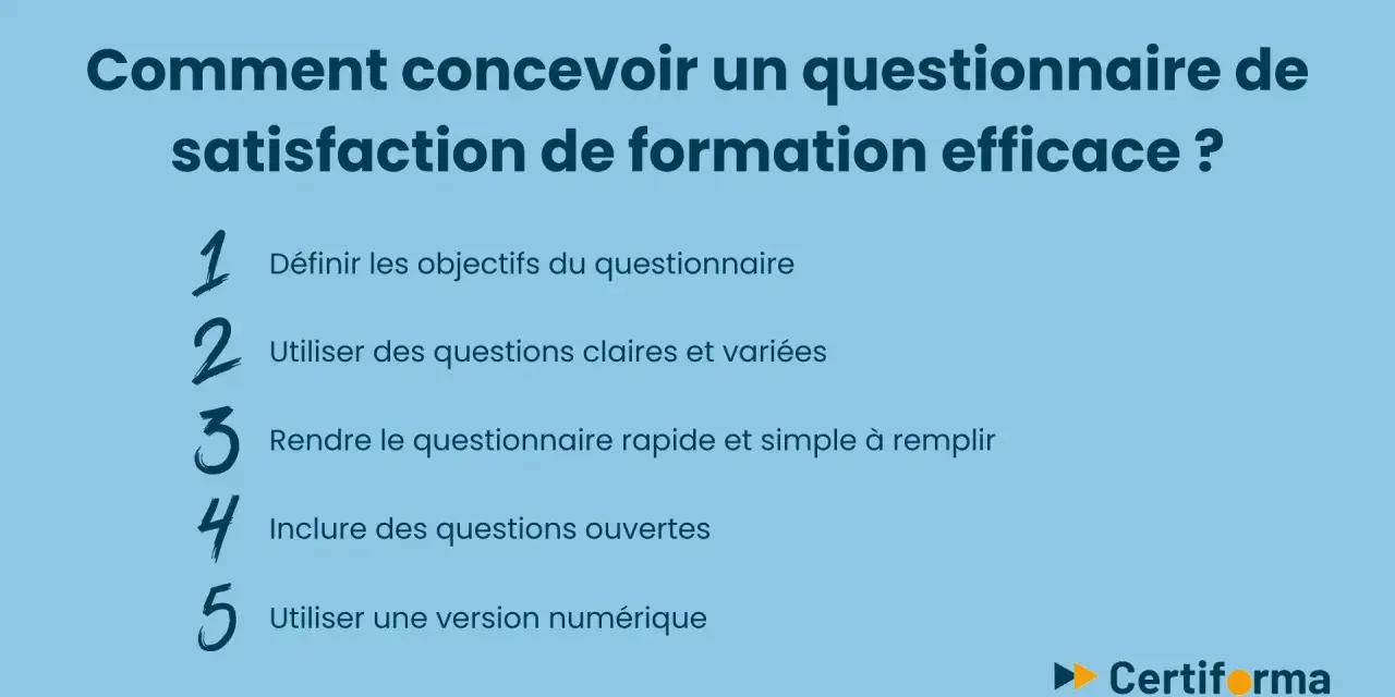 Comment créer un questionnaire de satisfaction de formation efficace : définir objectifs, questions claires, simplicité, questions ouvertes, version numérique.