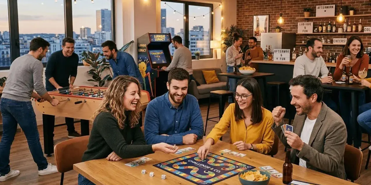 Des employés profitent d'un week-end entreprise animé avec jeux de société, baby-foot et bornes d'arcade. Ambiance conviviale et ludique.