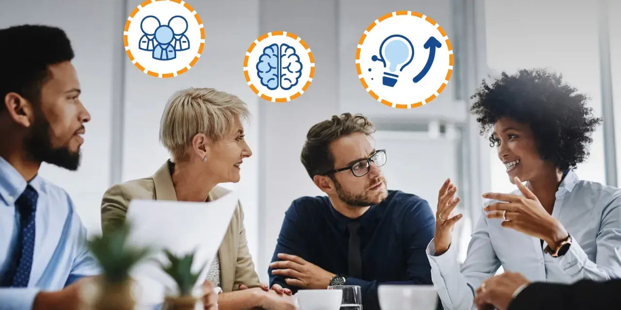 Une équipe discute autour d'une table, symbolisant l'intelligence collective. Des icônes de personnes, de cerveau et d'ampoule illustrent la collaboration et l'innovation.