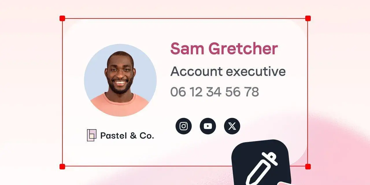 Signature mail de Sam Gretcher, Account executive chez Pastel & Co. Un exemple de signature respectant le droit à la déconnexion.