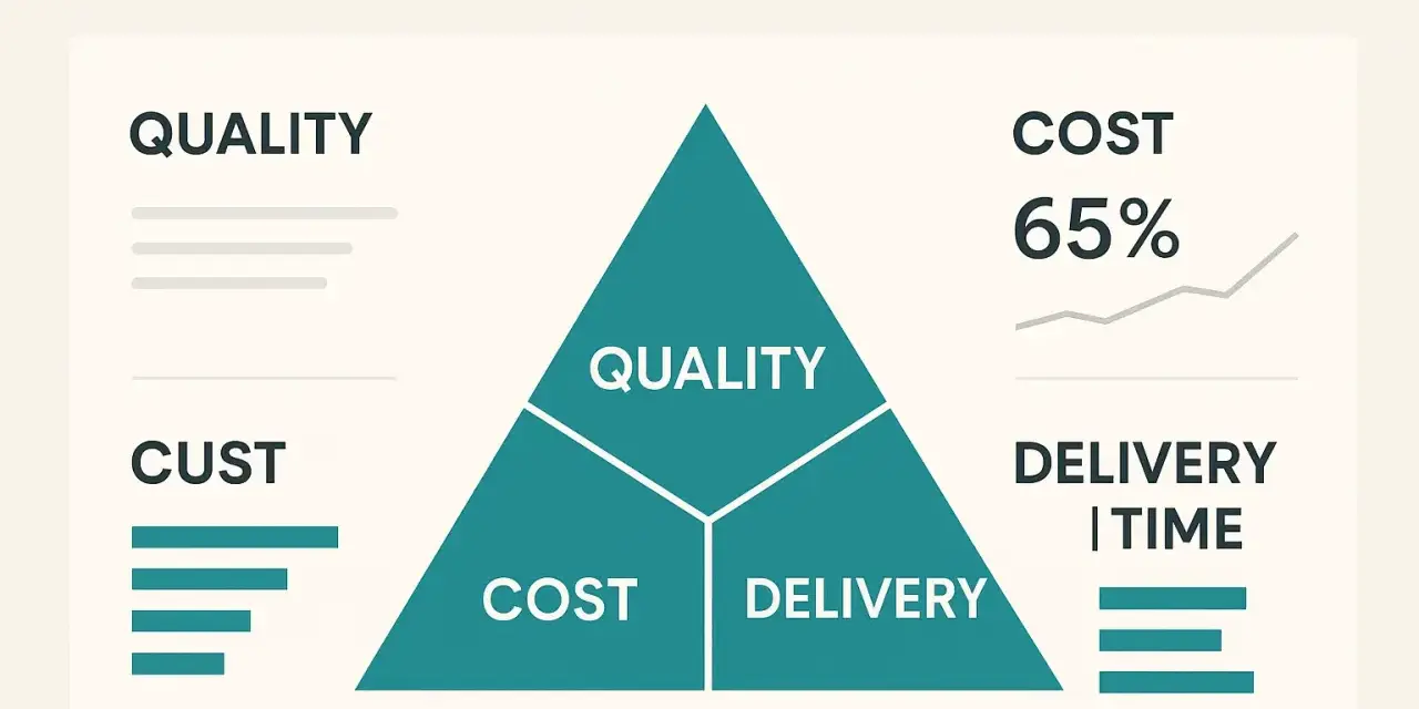 Tableau de bord de gestion de projet : triangle divisé en Qualité, Coût et Délai. Le contrôle de gestion projet est essentiel.