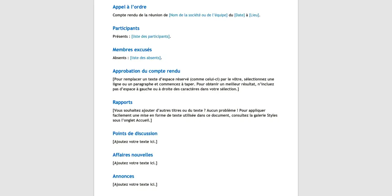Modèle de compte rendu de réunion avec sections pour l'ordre du jour, les participants, l'approbation, les rapports, les points de discussion, les affaires nouvelles et les annonces.