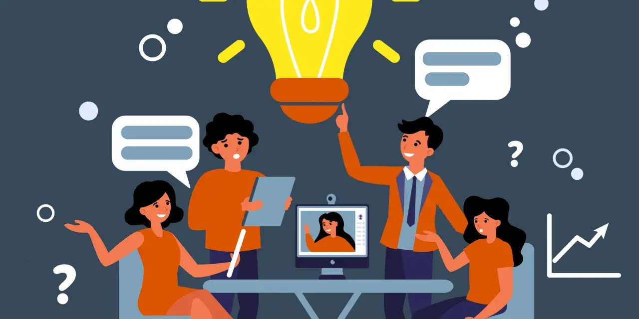 Une équipe discute autour d'une ampoule lumineuse, symbole d'une idée brillante. L'esprit d'analyse est palpable dans leurs échanges, menant à une croissance positive.