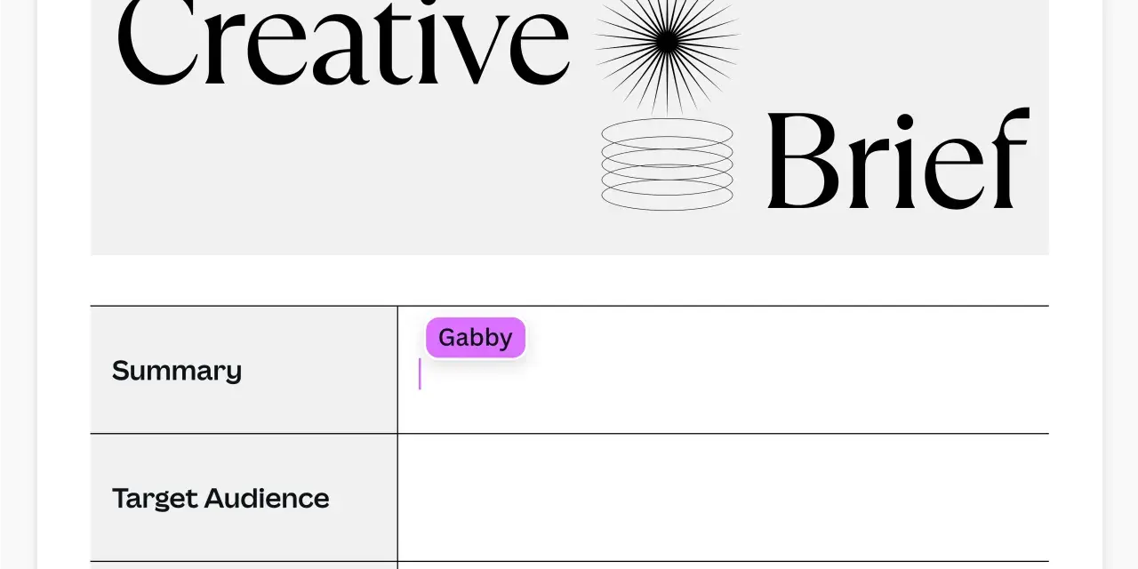 Extrait d'un exemple de feuille de briefing créatif. Le titre "Creative Brief" est visible, ainsi que les sections "Summary", "Target Audience" et "Goals".
