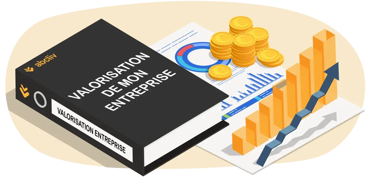 Livre "Valorisation de mon entreprise" avec graphiques, pièces d'or et barreaux montrant la croissance.