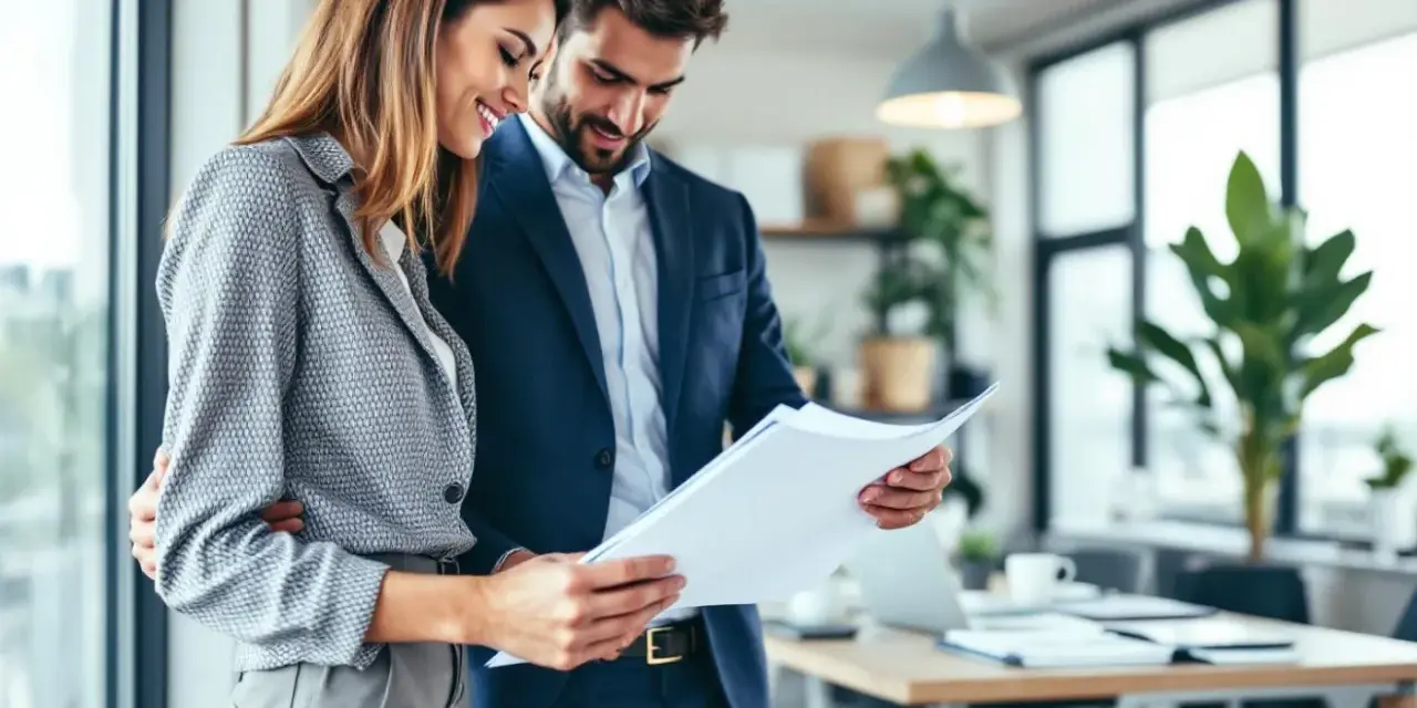 Un couple d'affaires examine des documents, illustrant une gestion multi projet réussie dans un bureau moderne.