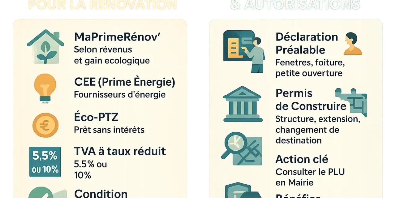 Tableau comparatif des aides financières pour la rénovation et des règles d'urbanisme.