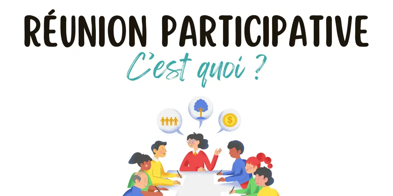 Illustration d'une réunion participative avec des bulles de pensée symbolisant la collaboration, la croissance et la prospérité.