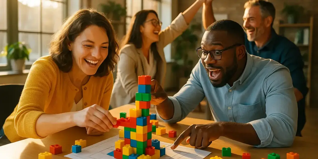 Des personnes s'amusent lors d'une animation de groupe jeux, construisant une tour colorée avec des blocs.