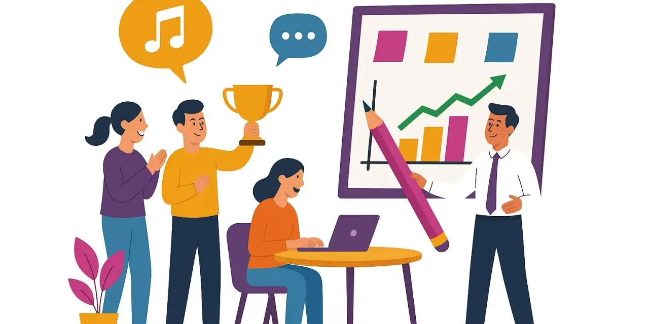 Une équipe célèbre ses succès avec une communication interne originale : trophée, musique, et présentation de graphiques dynamiques.