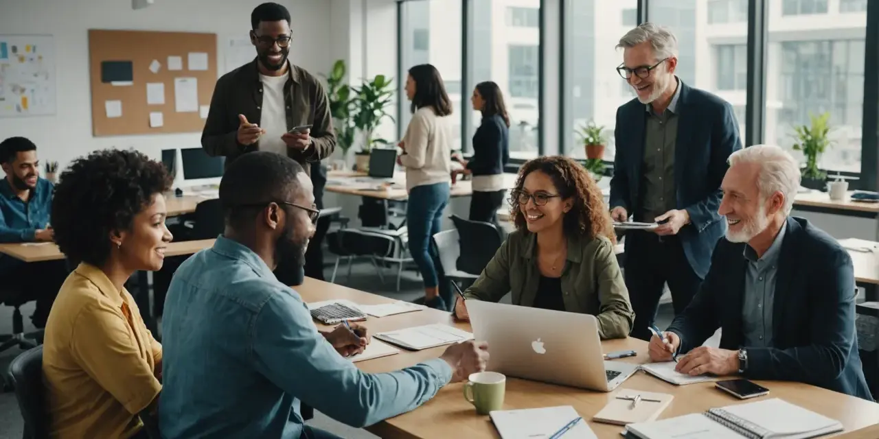 Une équipe diverse discute autour d'une table, illustrant la définition d'une plateforme collaborative : un espace de travail partagé pour une meilleure synergie.
