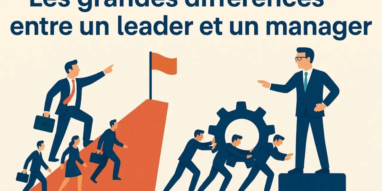 Illustration montrant la différence entre manager et leader : un leader guide vers un sommet, un manager dirige une équipe poussant une roue dentée.