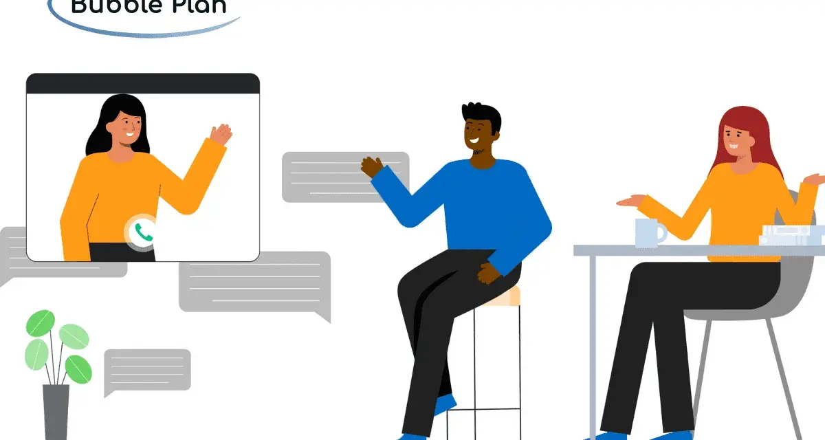 Des personnes interagissent dans un espace de travail numérique, avec des bulles de discussion et un appel vidéo.