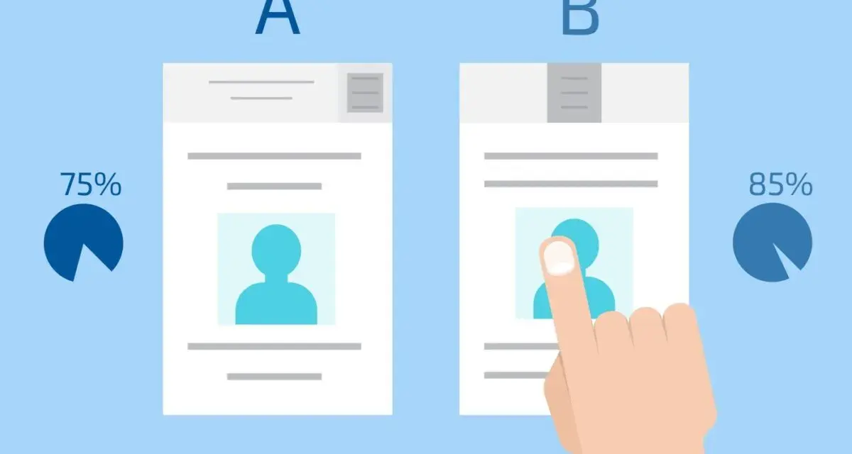 Test A/B pour developper un produit : 75% vs 85%. Une main interagit avec la version B.