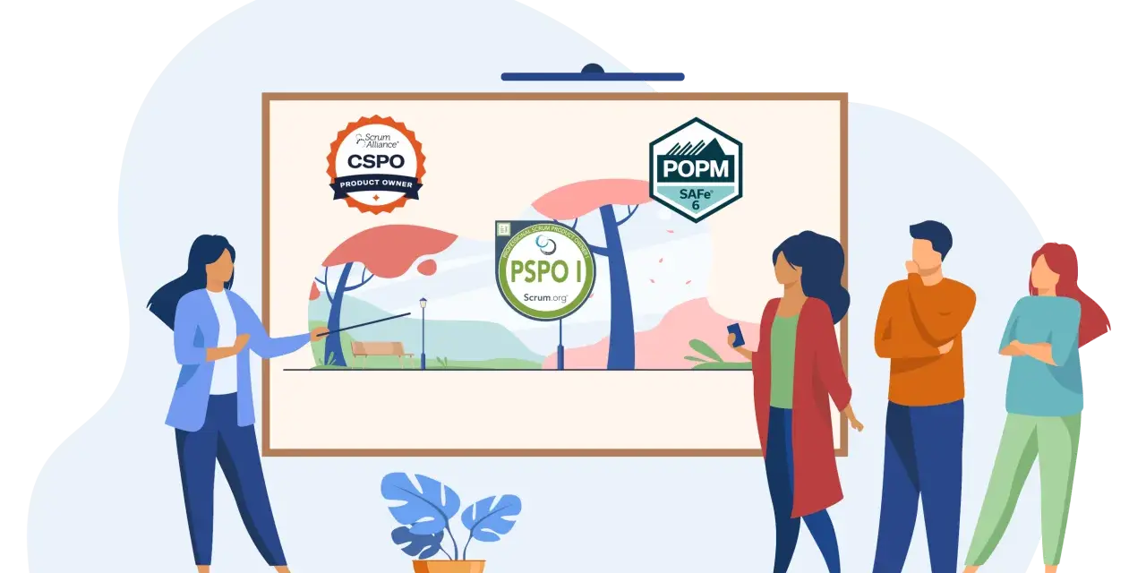 Une équipe discute des certifications : CSPO, PSPO I et POPM SAFe 6.