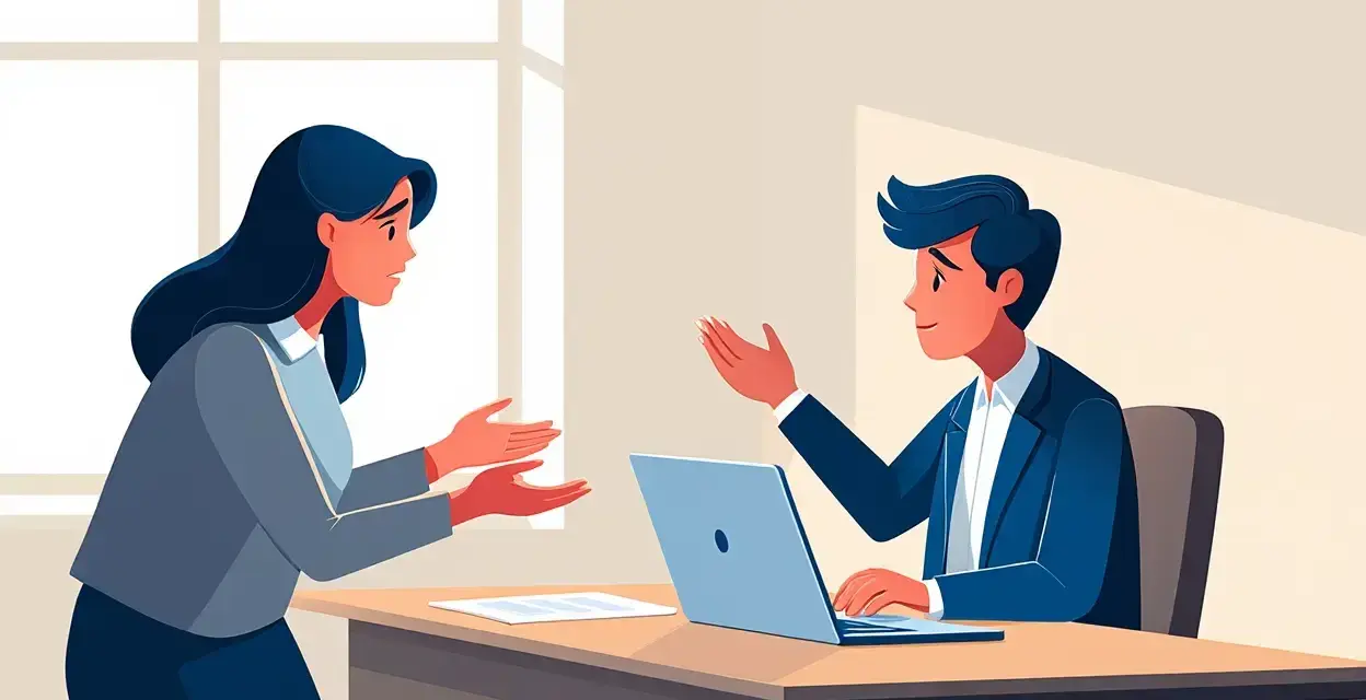 Une femme exprime son mécontentement, mains tendues, face à un homme en costume souriant derrière un bureau avec un ordinateur portable.