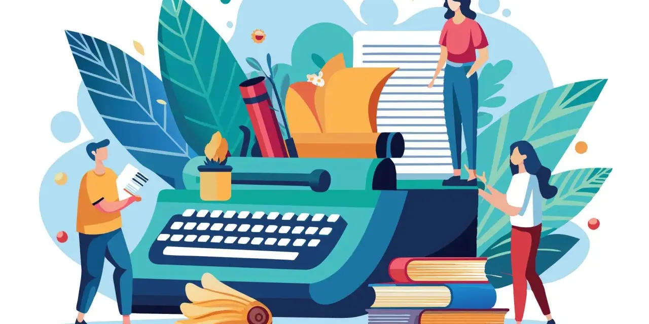 Des gens créatifs autour d'une machine à écrire, un exemple de note d'information sur l'écriture et la lecture.