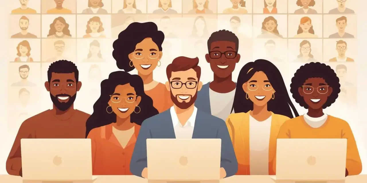 Une équipe diversifiée participe à une réunion virtuelle, illustrant le **team building digital**.