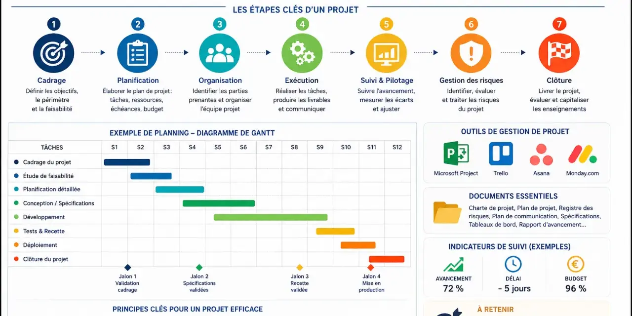 Les étapes clés d'un projet : cadrage, planification, organisation, exécution, suivi, gestion des risques et clôture. Ce schéma illustre la portée d'un projet.