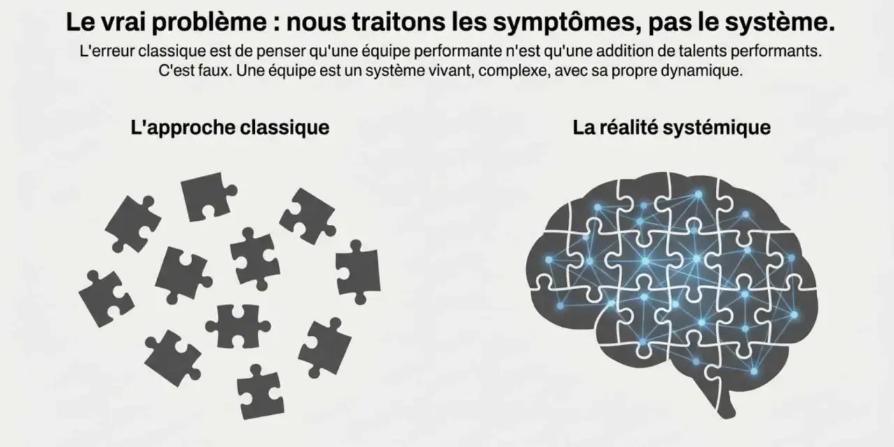 Illustration pour un atelier cohésion de groupe : pièces de puzzle éparpillées vs. un cerveau formé de pièces assemblées, symbolisant le système.
