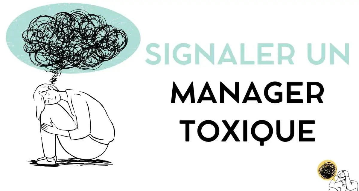 Une personne accablée par des pensées chaotiques, symbolisant le stress causé par un mauvais manager. Le texte invite à signaler un manager toxique.