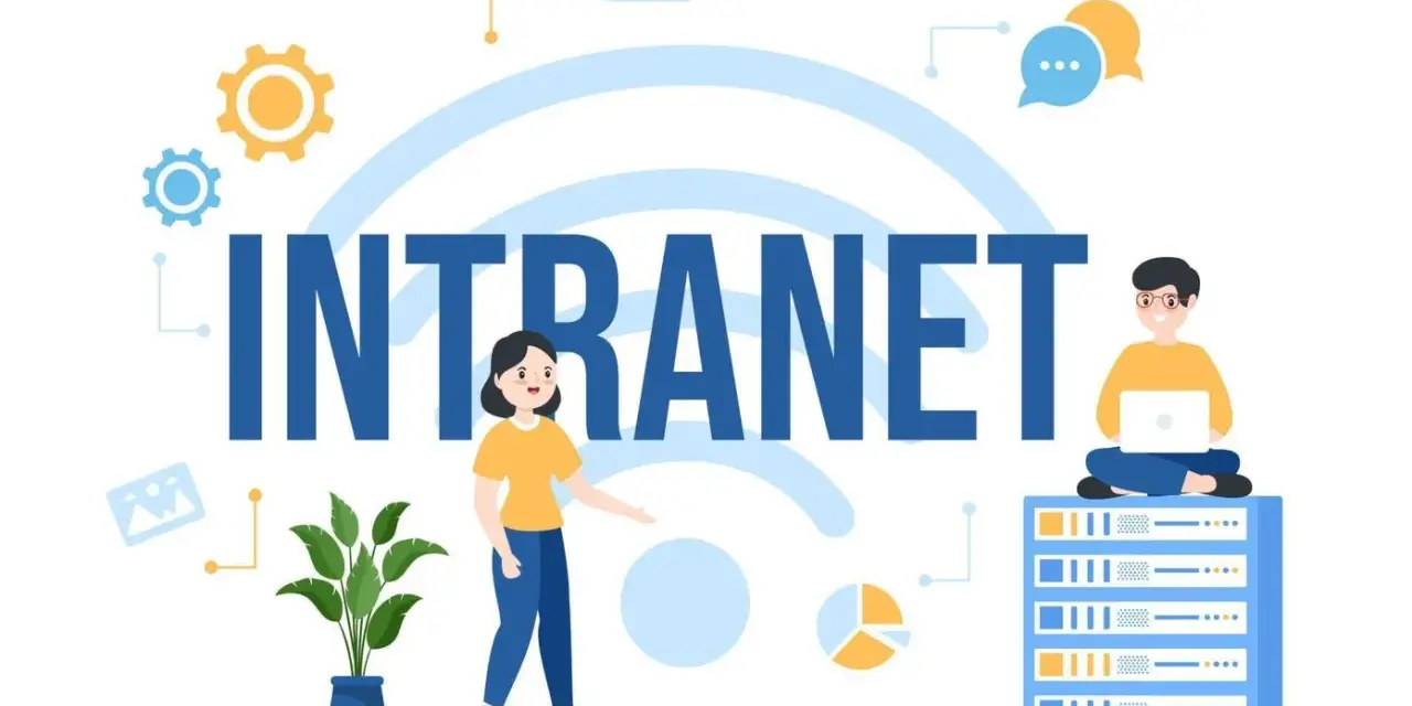 Illustration d'un intranet, avec des icônes de communication et des personnes interagissant avec la technologie pour une communication interne fluide.