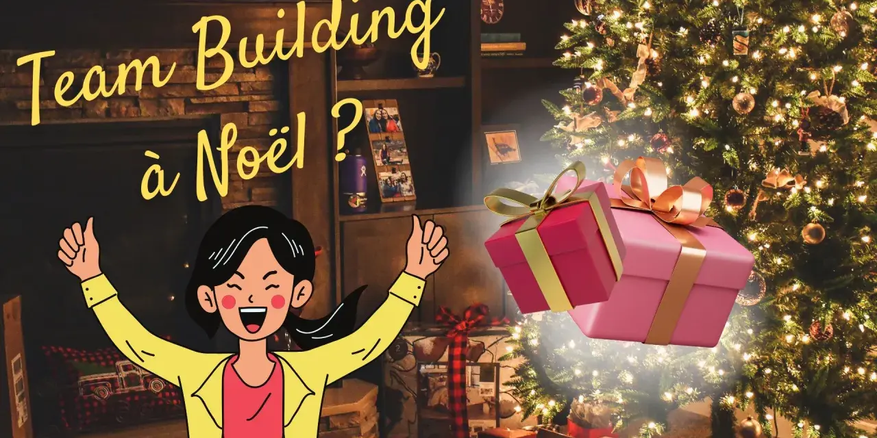 Ambiance festive pour des jeux de Noël entre collègues : un sapin scintillant, des cadeaux et une illustration joyeuse.