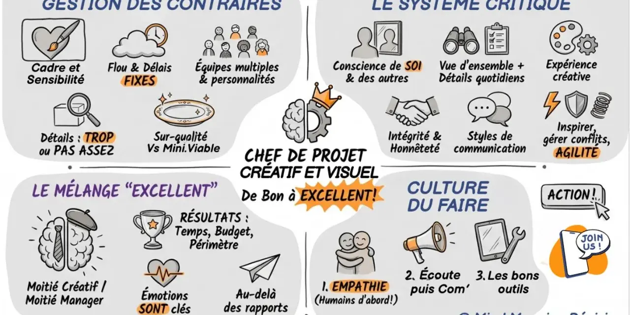 Schéma illustrant les qualités d'un chef de projet créatif et visuel, alliant gestion des contraires, système critique et culture du faire, avec un esprit de synthèse pour passer de bon à excellent.