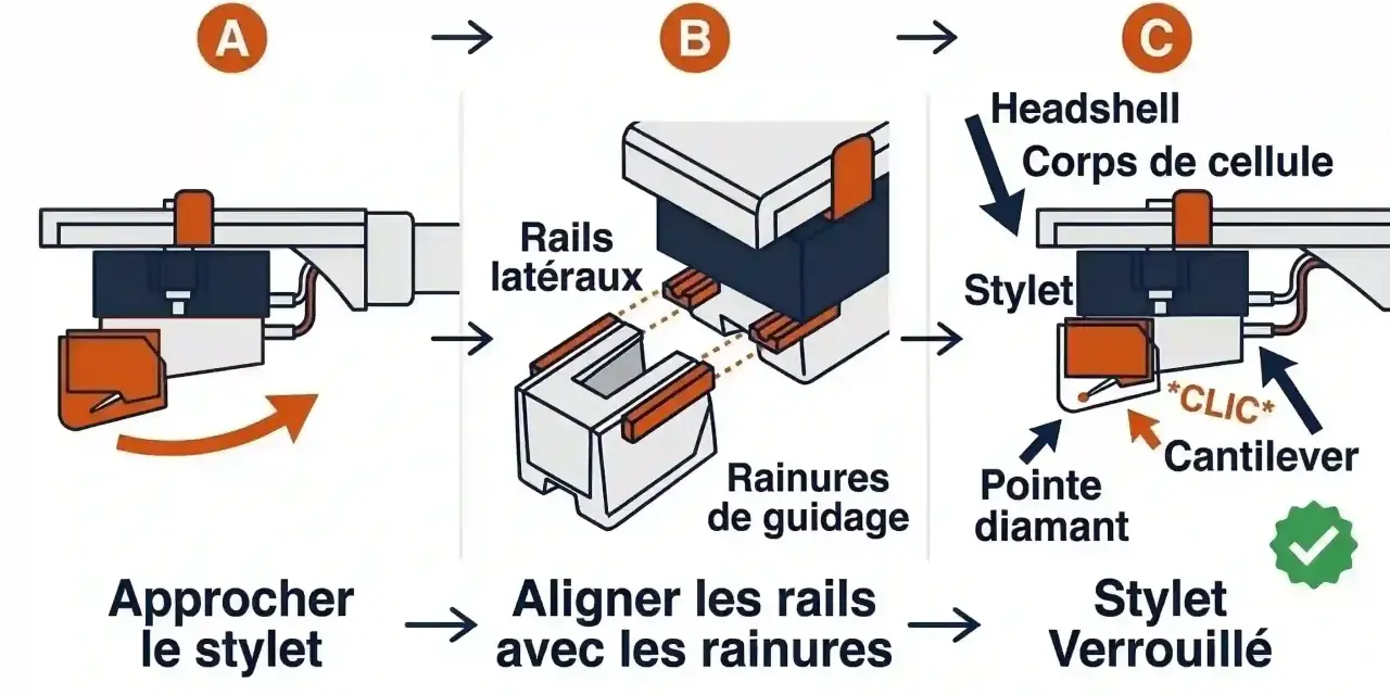 Schéma illustrant l'installation d'un diamant de Leavitt sur un corps de cellule. Le stylet est approché, aligné avec les rainures, puis verrouillé avec un clic.
