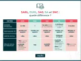 Tableau comparatif des différents types d'organisation d'entreprise : SARL, EURL, SAS, SA, SNC. Critères : associés, responsabilité, capital, régime social.