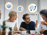 Une équipe discute autour d'une table, symbolisant l'intelligence collective. Des icônes de personnes, de cerveau et d'ampoule illustrent la collaboration et l'innovation.